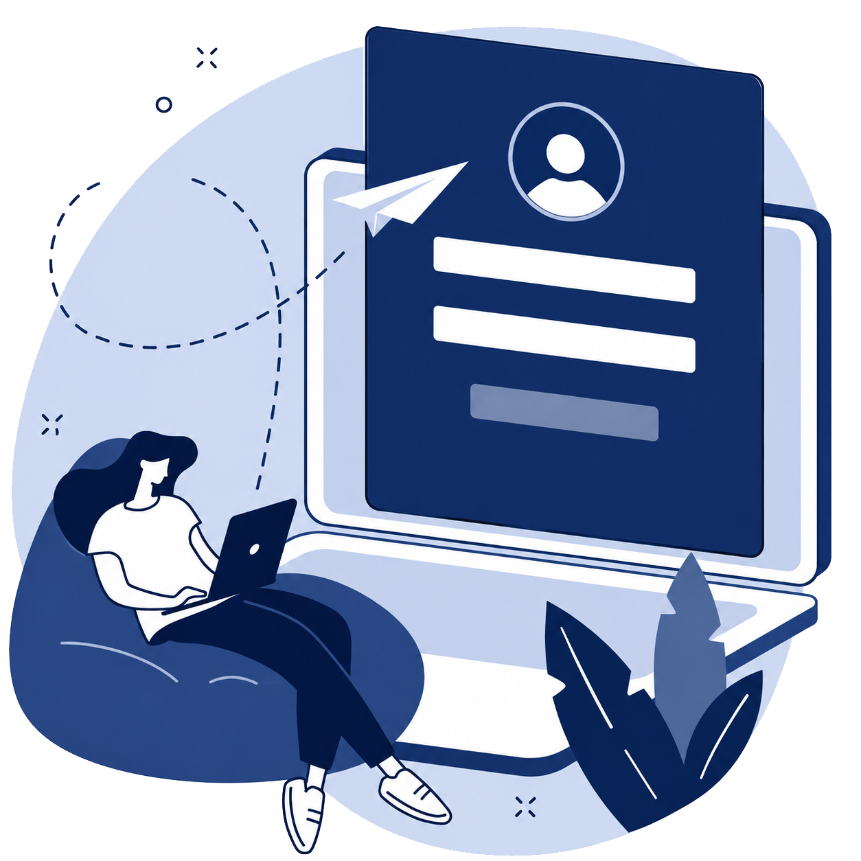 Illustrazione di una persona che aggiorna il proprio CV digitale da un laptop